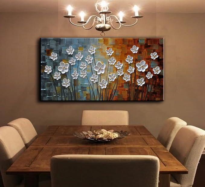 YaSheng Art - 100% Hand painted Contemporary Art Oil painting On Canvas white Flowers Abstract Paintings Modern Home Decor Wall Art for living room Bedroom Framed Ready to Hang 20x40inch