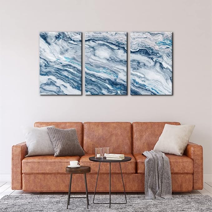 Abstract Wall Art Bedroom Wall Décor 3 Piece Blue Beach Ocean Picture Coastal Theme Nautical Sea Wave Canvas Prints on Canvas Seascape Modern Artwork for Home Living Room Office - 16"x24"x3 Panel