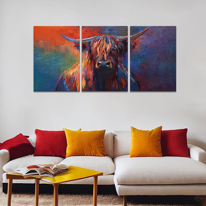 Cow Canvas Wall Art Abstract Highland Cow Painting 3 Panels Texas Longhorn Posters and Prints for Living Room Home Office Bar Toilet Bedroom Guest Room Decoration, Framed 60" L x 28" W