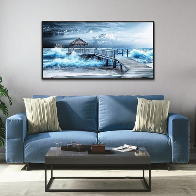 ERQINHUA Large Canvas Wall Decor For Living Room Wall Art For Bedroom Office Wall Decorations Black Frame Blue Wave Landscape Painting Artwork For Modern Stretched and Framed Beach Posters 24"X48"