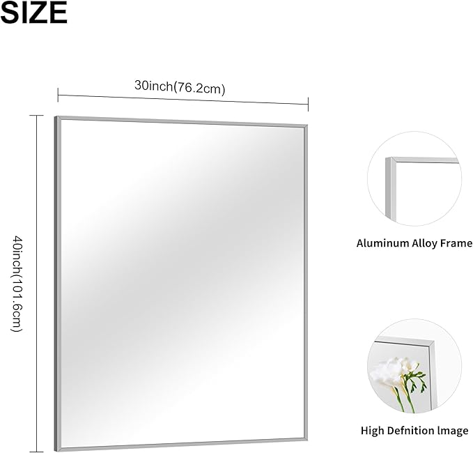 COFENY 30x40In Silver Bathroom Mirror for Wall, Brushed Nickel Rectangle Mirrors with Metal Frame, Bathroom Rectangular Mirror Modern Wall Mirror for Bedroom Living Room, Hangs Horizontal or Vertical
