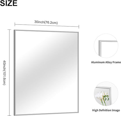 COFENY 30x40In Silver Bathroom Mirror for Wall, Brushed Nickel Rectangle Mirrors with Metal Frame, Bathroom Rectangular Mirror Modern Wall Mirror for Bedroom Living Room, Hangs Horizontal or Vertical
