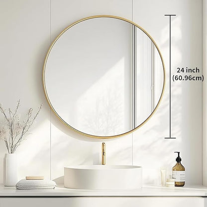 Oruii Gold Round Mirror, Golden Round Mirror 24 inch, Circle Wall Mirrors Metal Frame, Brass Circular Mirrors for Bathroom, Wall, Living Room, Entryway, Hallway, Vanity, Rustic