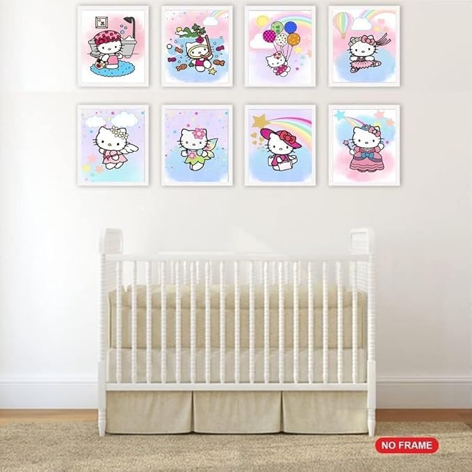 SYCART® Hello Kitty Wall Art Poster Prints, Posters for Girls Room, UNFRAMED Set of 8 ( 8x10 inches ), Kitty poster for girls bedroom, Kids Nursey Room decor, HelloKitty Decorations, Hello Kitty Watercolor poster