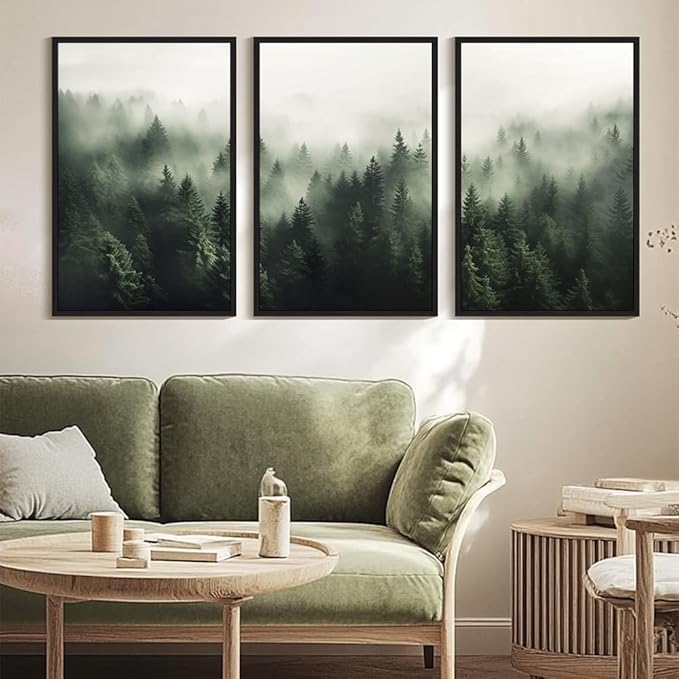 PHOPAGO Green Fog Pine Tree Framed Wall Art Huge 24x36in Nature Misty Nordic Forests Artwork Morden Paints for Living Room Bedroom Decor - Black Framed