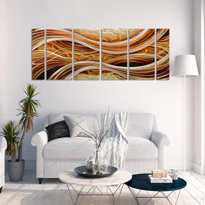 Yihui Arts 6-Piece Handcrafted Aluminum Abstract Wall Art, Modern Metallic Gold Silver Wavy Lines Panel Painting, Large Contemporary Home Decor for Living Room Office Hotel