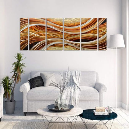 Yihui Arts 6-Piece Handcrafted Aluminum Abstract Wall Art, Modern Metallic Gold Silver Wavy Lines Panel Painting, Large Contemporary Home Decor for Living Room Office Hotel