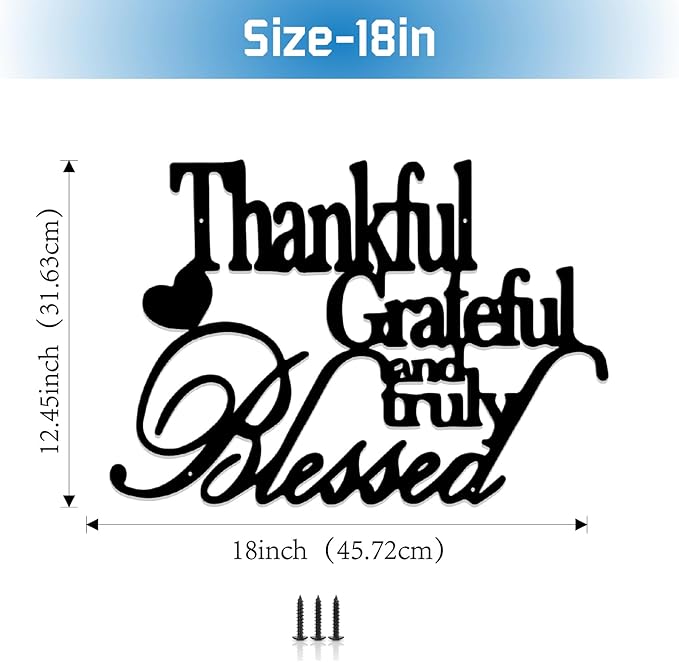 Hppybiry Thankful Grateful Blessed Wall Decor Black Metal Wall Art Thankful Grateful and Truly Blessed Sign Home Decor Entryway Living Room Decoration Signs - 18 Inches