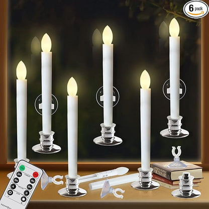 6 Pack Flameless Taper Candles with Remote/Timer & Suction Cup, Battery Operated Flickering LED Window Candles, Vintage Christmas Electric Fake Candlesticks, Silver Holder