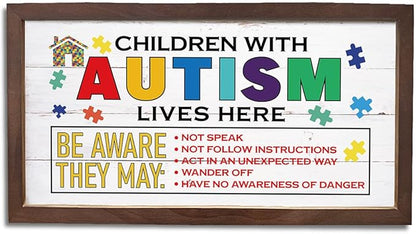 Children with Autism Lives Here Sign, Autistic Support Decorative Plaque, Rustic Hanging Wood Sign, Farmhouse Decor for Home Classroom Indoor, Wooden Framed Wall Decor, 15×7.5×0.3 inches