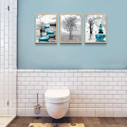 DZRWUBHS Framed Canvas Wall Art, 3pc 12x16in Natural Wood, Abstract Blue Prints, Ready to Hang, Bathroom, Bedroom, Kitchen, Living Room Decor