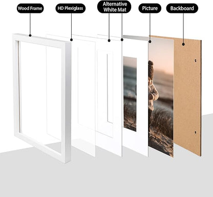 KINLINK 12x16 Picture Frame White - Solid Wood Frames with Acrylic Plexiglass for Pictures 11x14/9x12 with Mat or 12x16 without Mat, Wall Display Photo Frame, Set of 4