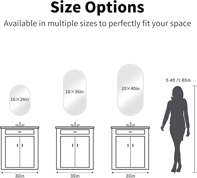 GLASHOM Beveled Edge Frameless Bathroom Mirror, Oval Wall Mirror for Over Sink, 18" x 36" Modern Decorative Vanity Mirror for Bedroom, Living Room, Entryway, Hanging Mirror Horizontal or Vertical