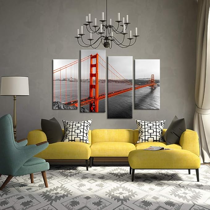 KREATIVE ARTS Extra Large 4 Pieces Black White and Red Canvas Prints Wall Art San Francisco Golden Gate Bridge Pictures Cityscape Painting Printed on Canvas Art Work for Walls Decoration L64xH43