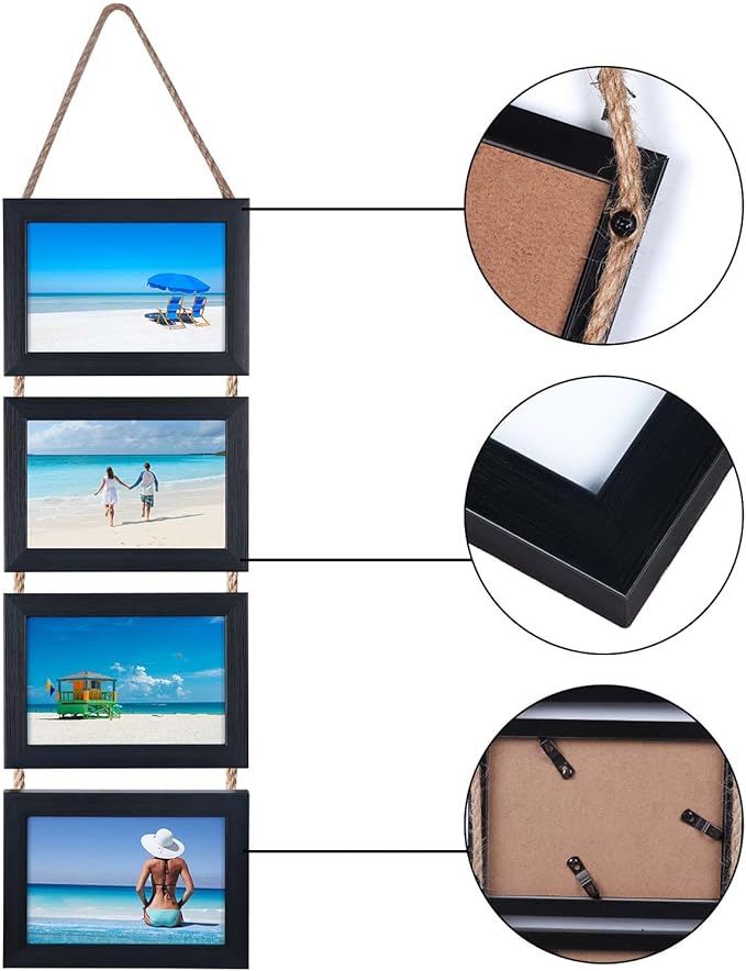 Lavezee 4x6 Hanging Collage Picture Frames Set of 2, Black 8 Opening Horizontal Frame Made to Display 4 x 6 Inch Photo for Wall Decor
