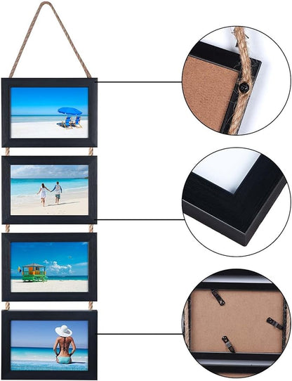 Lavezee 4x6 Hanging Collage Picture Frames Set of 2, Black 8 Opening Horizontal Frame Made to Display 4 x 6 Inch Photo for Wall Decor