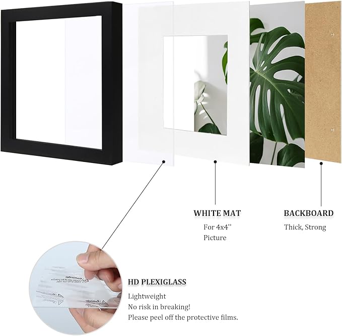 Egofine 6x6 Picture Frames Set of 4, Made of Solid Wood Covered by Plexiglass Display 4x4 with Mat or 6x6 without Mat, for Table Top Display and Wall Mounting Photo Frame, Black