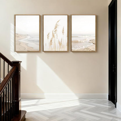 HPNIUB Modern Beach Waves Framed Wall Art Set,Seaside Reed Pathway Wall Decor,Minimalist Neutral Coastal Landscape Printing,Boho Seascape Nature Artwork for Living Room, Bedroom,Bathroom-24''x36''x3