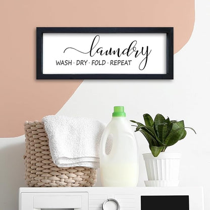 Laundry Room Wall Decor Sign 16"×6" Bathroom Laundry Rules Wash Dry Fold Repeat Small Wood Framed Wall Hanging Art (Black)
