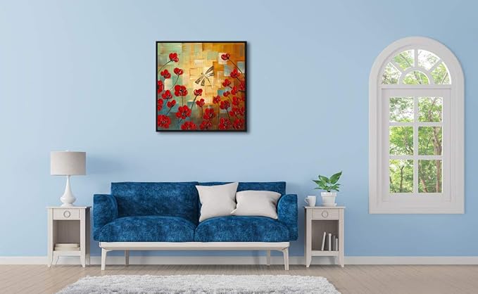 Wieco Art Framed Art Dragonfly Floral Oil Paintings on Canvas Wall Art for Bedroom Home Decorations Modern 100% Hand Painted Stretched Abstract Flowers Artwork with Black Frame