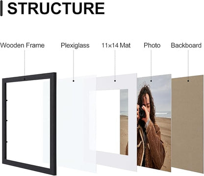 Vittanly 12x16 Picture Frames Set of 9, Shatter Resistant Plexiglass, Display 11x14 Pictures with Mat or 12x16 without Mat, Photo Frames for Wall Mount, Engineered Wood, Black