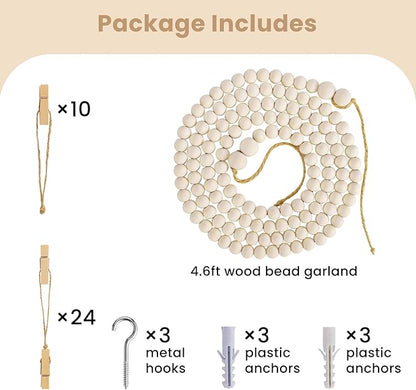 KLOGTSIND Kids Art Display Wall Decor, Wooden Beads Garland Frame Holder with 34 Clips for kids artwork, Photo, Wall Hanging Boho Room Bedroom Decor