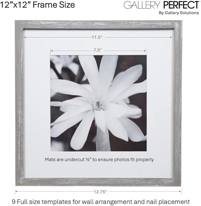 GALLERY PERFECT 12x12 Picture Frames, 9 Piece Set with Real Glass Cover for 8x8 Photos With Mat, Picture Frames Collage Wall Decor for Gallery Wall, Home Decor, Grey