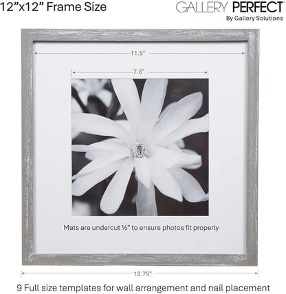 GALLERY PERFECT 12x12 Picture Frames, 9 Piece Set with Real Glass Cover for 8x8 Photos With Mat, Picture Frames Collage Wall Decor for Gallery Wall, Home Decor, Grey