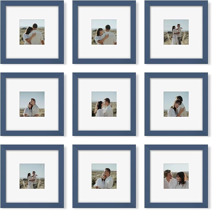 YESKAY 8x8 Picture Frame Set of 9, Photo Gallery Wall Frame Set, Display Pictures 4x4 with Mat or 8 x 8 Without Mat, Square Frame Picture Frames Collage Wall Decor, Blue