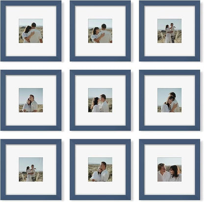 YESKAY 8x8 Picture Frame Set of 9, Photo Gallery Wall Frame Set, Display Pictures 4x4 with Mat or 8 x 8 Without Mat, Square Frame Picture Frames Collage Wall Decor, Blue
