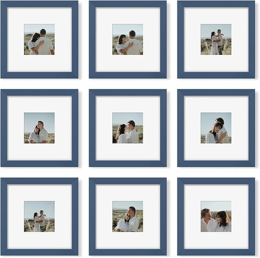 YESKAY 8x8 Picture Frame Set of 9, Photo Gallery Wall Frame Set, Display Pictures 4x4 with Mat or 8 x 8 Without Mat, Square Frame Picture Frames Collage Wall Decor, Blue