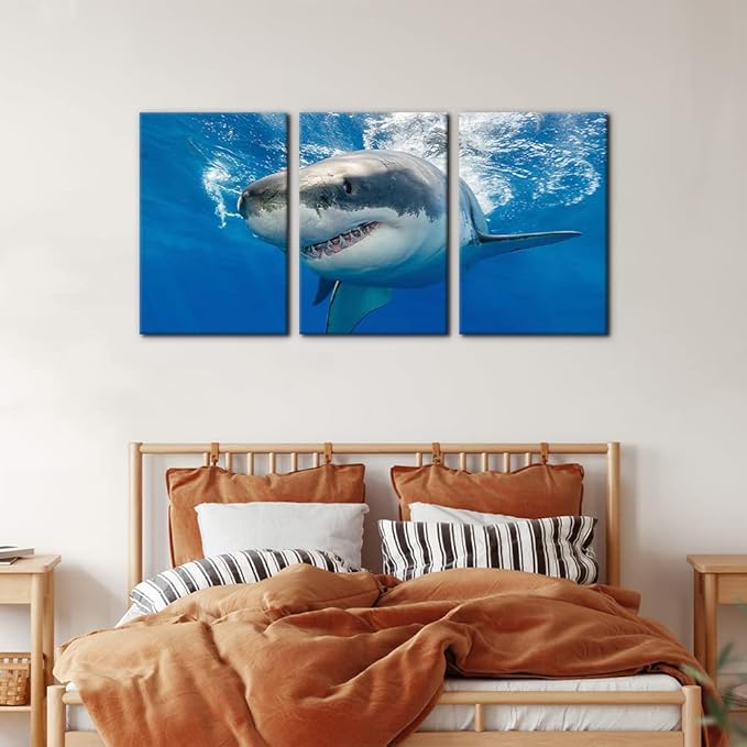 3 Piece Blue Wall Art Painting Great White Shark Catching Fish At Guadalupe Island Pictures Prints on Canvas Animal The Picture Decor for Home Modern Decoration for Living Room - 16"x24"x3 Panels