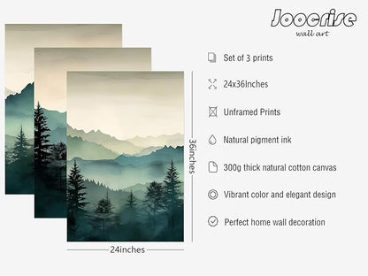 Mountain Wall Art Decor Set of 3 Sage Green Forest Canvas Wall Art Prints Nature Landscape Wall Decor Watercolor Pine Tree Pictures Abstract Modern Painting for Living Room Bedroom 24x36 Inch Unframed