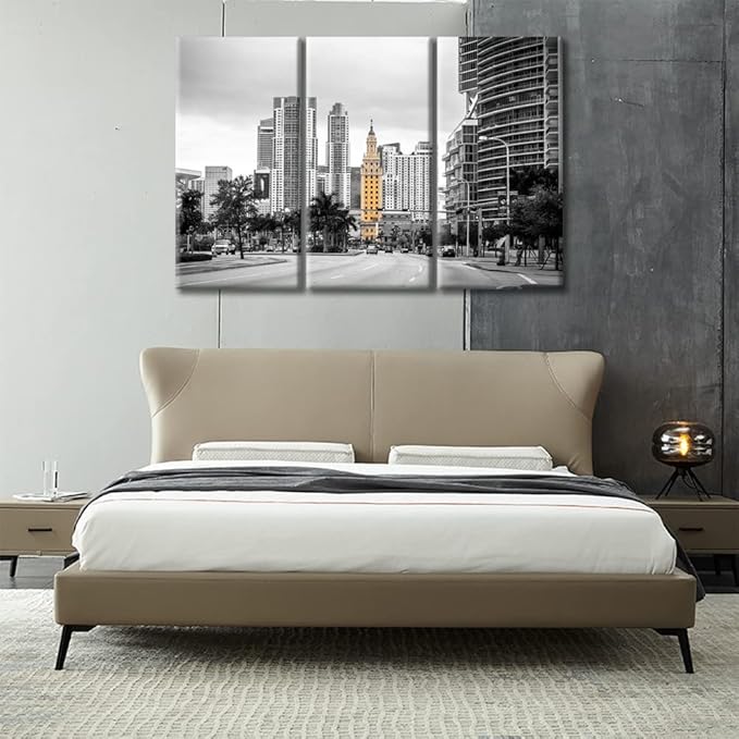 TUMOVO 3 Pieces Miami City Skyline Pictures Home Decor Skyscrapers Cityscape Canvas Paintings Wall Art for Living Room Print on Canvas Stretched and Framed Ready to Hang (42" Wx28 H)