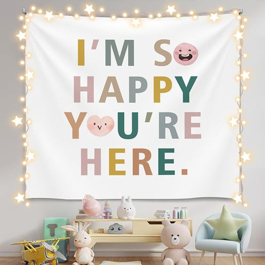 Soft Flannel Wall Tapestry – I'M So Happy You're Here,Inspirational Welcome Tapestry Wall Hanging Decor for Living Room Bedroom,Birthday Party Wall Art Decoration, 59x51 inch(Colorful-I am so happy)