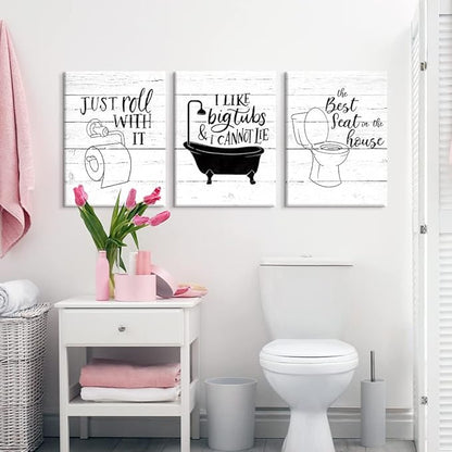 Funny Bathroom Canvas Wall Art Black and White Toilet Bathtub Bath Set Poster Print 3 Pieces Bathroom Quotes Painting Retro Wood Style Artwork for Restroom Farmhouse Bath Bathroom Decor 12"x16"(30x40cm)