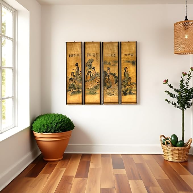 CIFIBIFUN Wall Japanese Geisha Tiger Art Prints Posters Painting Japan Traditional Vintage Style,4 Panels Home Walls Decor (Super Old Aging Paper, A Japan Painting)