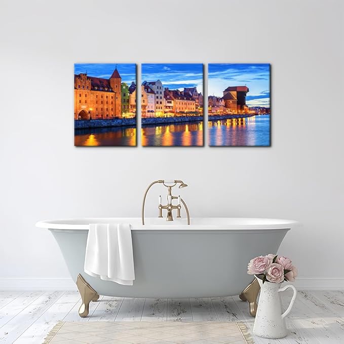 Pacimo 3 Pieces Framed Wall Art Decorations Wisla River Landscape Painting Print on Canvas Gdansk Poland Cityscape Wall Art for Home Office Decor Modern Artwork Stretch Ready to Hang - 12"x16"x3