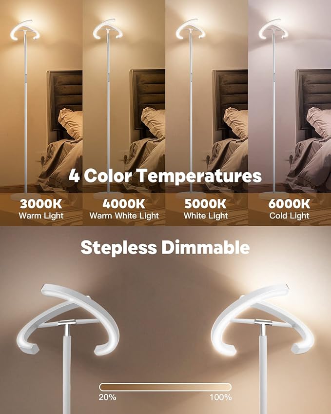 SIBRILLE White Floor Lamp, Modern Stepless Dimmable Standing Lamp 3000-6000K, 20W LED Rotatable Reading Tall Lamp, Touch & Remote Control Uplighter Floor Lamps for Living Room Bedroom Office