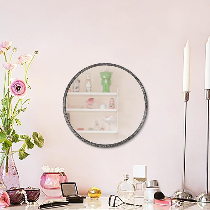 JJUUYOU Rustic Round Mirror, Hanging Wall Decorative Small Mirror Natural Wooden Farmhouse Frame with White Wash Edge for Bedroom, Bathroom or Dorm 23CM