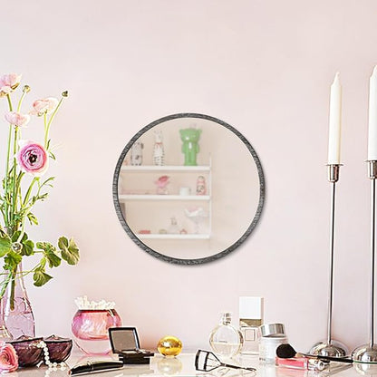 JJUUYOU Rustic Round Mirror, Hanging Wall Decorative Small Mirror Natural Wooden Farmhouse Frame with White Wash Edge for Bedroom, Bathroom or Dorm 23CM