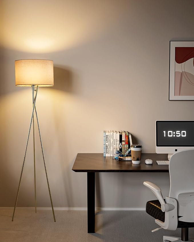 Lightdot 62IN Tripod Floor Lamps for Living Room, Modern Standing Lamp with Off-White Fabric Shade, Mid Century Industrial Standing Tall Lamp for Bedroom, Home Office-Gold