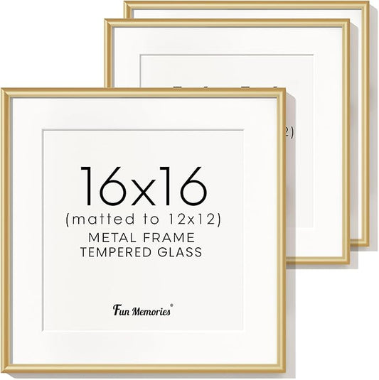 Fun Memories 16x16 Picture Frame Gold, 16" x 16" Aluminum Frame with Mat for 12" x 12", 16x16 Square Metal Frame with Tempered Real Glass, Set of 3