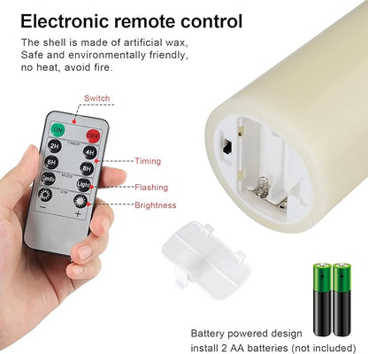 Enpornk 7” x 3” Flameless Candles, Flickering Moving Flame LED Candles, Battery Operated Candles with Remote and Timers, Ivory White, Set of 2