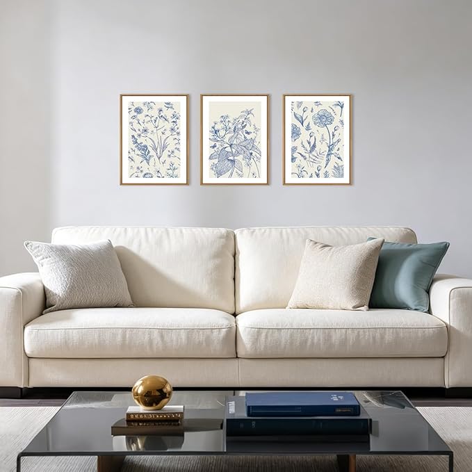 KAIRNE Navy Blue and White Floral Framed Canvas Wall Art Set,Chinoiserie Flower Wall Decor,Watercolor Botanical Art Prints,Modern Wildflower Artwork for Living Room,Bedroom,Farmhouse,Office-12 x16 x3
