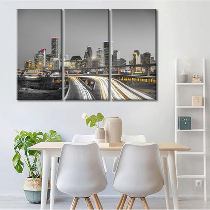 TUMOVO 3 Pieces American Canvas Paintings Home Decor Beautiful Houston Nighttime Skyscrapers Lightscape Wall Art for Living Room City Skyline Modern Home Decor Framed Ready to Hang (42" Wx28 H)