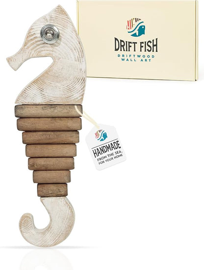Handmade Driftwood Seahorse Nautical Wall Decor - 16.25" x 6" Wooden Rustic Coastal Wall Art for Living Room, Bedroom, Office, Bathroom - Ocean Beach Decoration (Squiggle)