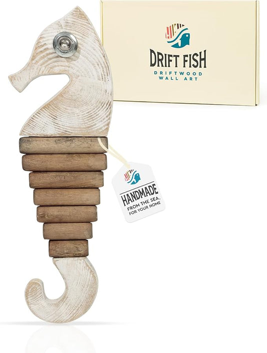Handmade Driftwood Seahorse Nautical Wall Decor - 16.25" x 6" Wooden Rustic Coastal Wall Art for Living Room, Bedroom, Office, Bathroom - Ocean Beach Decoration (Squiggle)