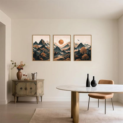 Celestdeco Large Boho Mountain Framed Canvas Wall Art Set,Brown Ridge Landscape Wall Decor,Pine Tree Scenery Wall Painting, Sunrise Abstract Wilderness Art Print for Living Room,Bedroom,Office-16"X24"X3