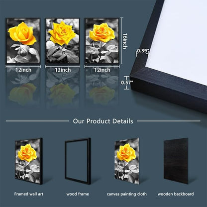 Black Framed Wall Art For Bedroom Living Room Wall Decor For Kitchen Office Decor Black And White Artwork Pictures Yellow Rose Flowers Print Frame Wall Painting Modern Room Home Decoration 3 Piece
